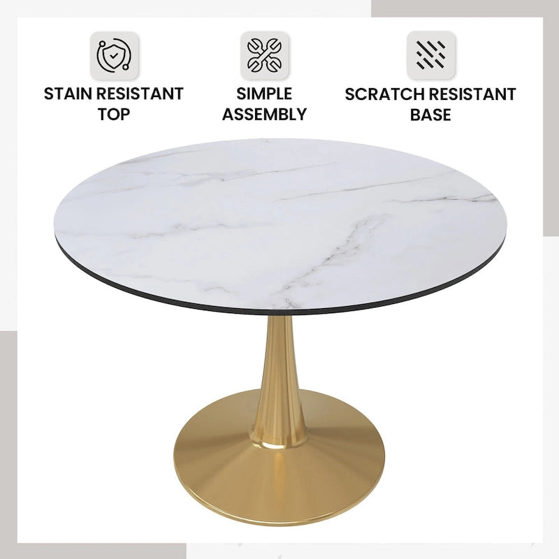 LeisureMod Bristol 40 Round Dining Table for 4 with MDF Tabletop in Gold Steel Base for Kitchen & Dining Room