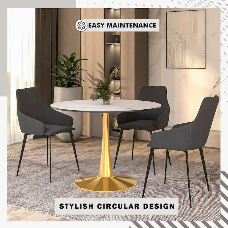 LeisureMod Bristol 40 Round Dining Table for 4 with MDF Tabletop in Gold Steel Base for Kitchen & Dining Room