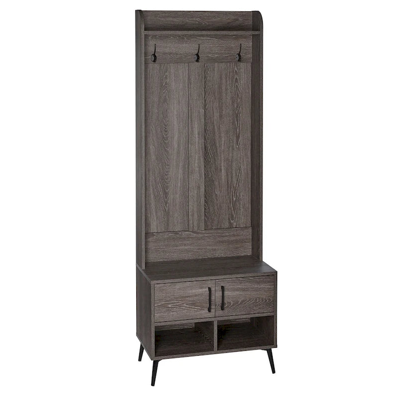 RiverRidge Woodbury Hall Tree with Entryway Bench, Shoe Storage, Coat Hooks & Cubby Storage - Weathered Woodgrain