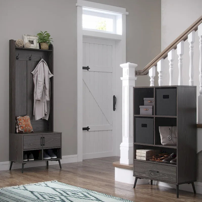 RiverRidge Woodbury Hall Tree with Entryway Bench, Shoe Storage, Coat Hooks & Cubby Storage - Weathered Woodgrain