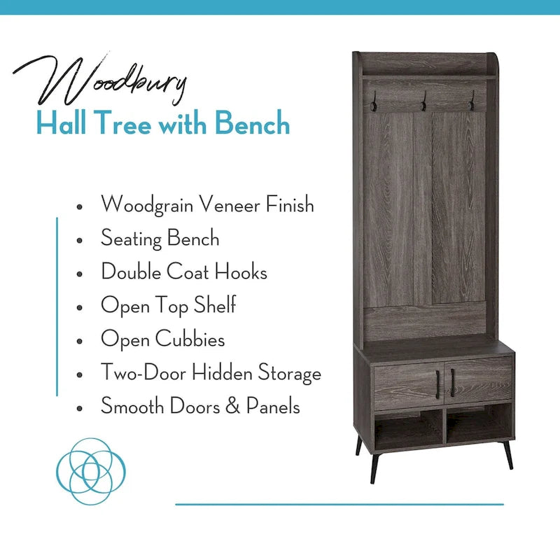 RiverRidge Woodbury Hall Tree with Entryway Bench, Shoe Storage, Coat Hooks & Cubby Storage - Weathered Woodgrain