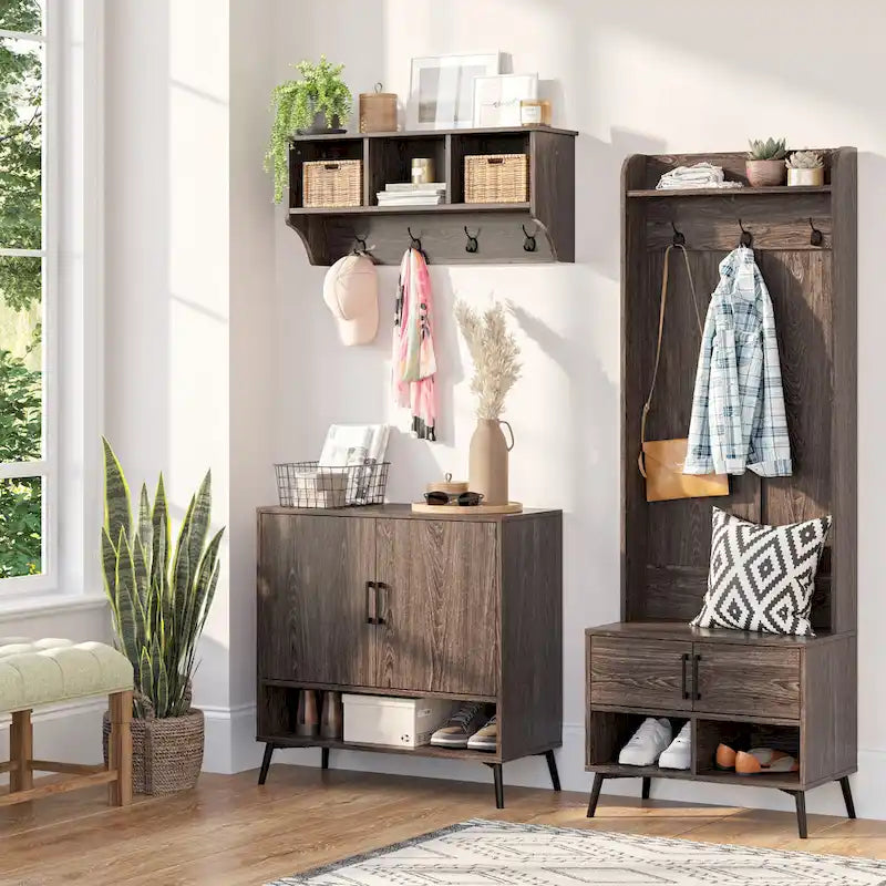 RiverRidge Woodbury Hall Tree with Entryway Bench, Shoe Storage, Coat Hooks & Cubby Storage - Weathered Woodgrain