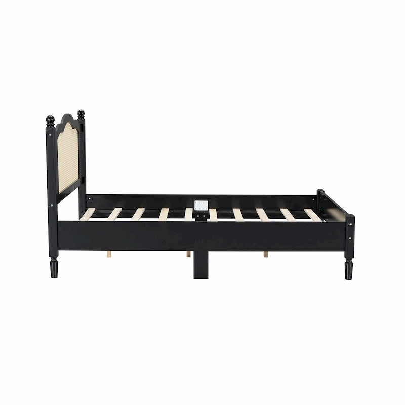 Wooden Platform Bed with Rattan Headboard and Slat Support