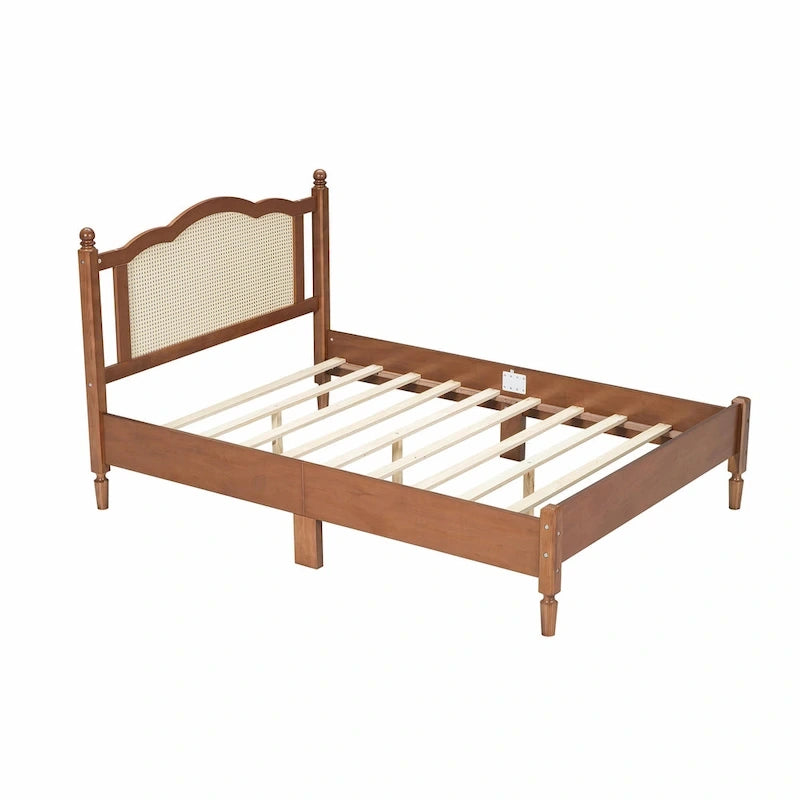 Wooden Platform Bed with Rattan Headboard and Slat Support