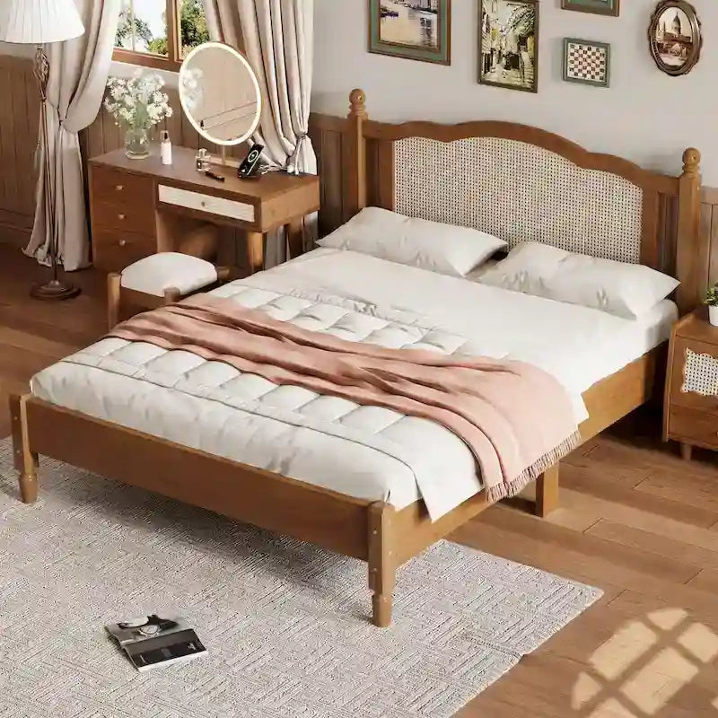 Wooden Platform Bed with Rattan Headboard and Slat Support